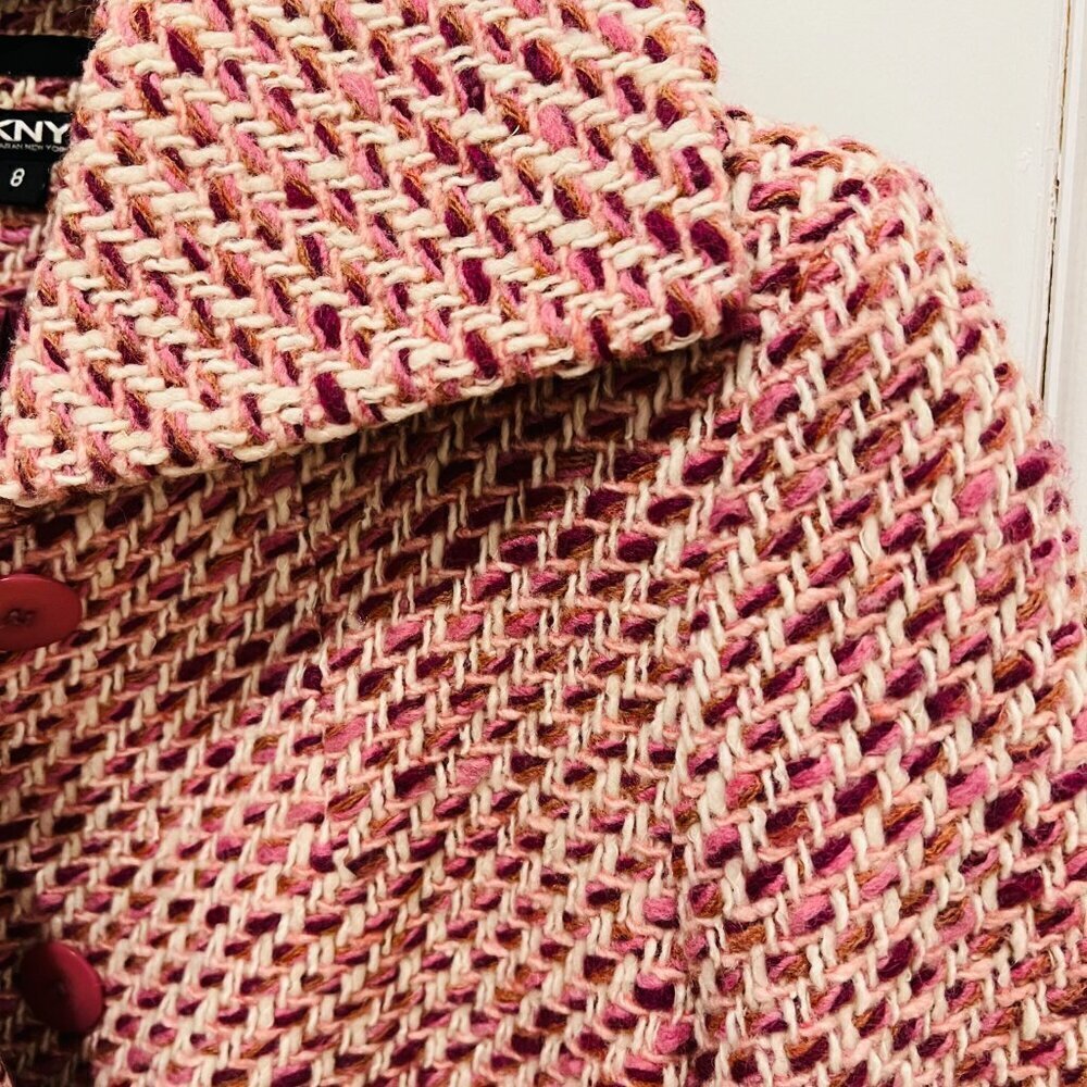 DKNY Ladies Women's Vintage Pink Tweed Over Coat Size 8 Medium Jacket - Picture 10 of 16